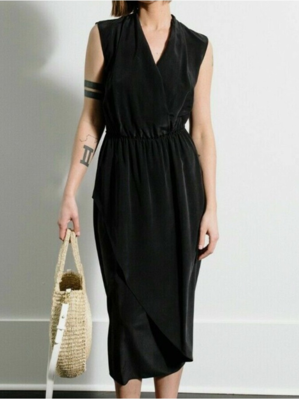 Vince Wrap-Front Silk Midi Dress in Black